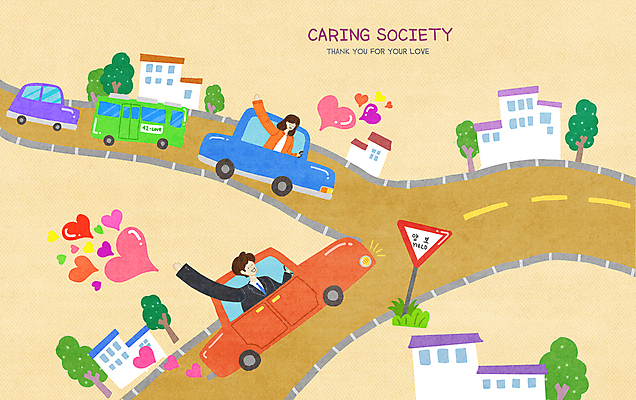 PSD 나무 여자 남자 도로 일러스트 자동차 버스 상반신 성인 두명 건물 손들기 운전 하트 표지판 승차 돌봄 양보운전 성인만 국내일러스트 모양 식물 건축물 길 육상교통 교통시설 모션 대중교통 알림판 사람 양보 파일형식