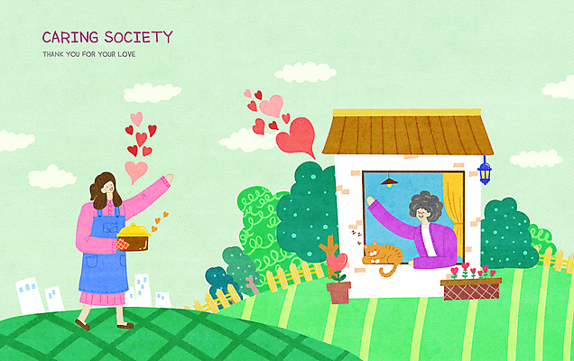 전신 PSD 여자 노년 화분 일러스트 창문 주택 요리 들기 상반신 성인 두명 손들기 고양이 냄비 방문 독거노인 돌봄 여자만 국내일러스트 포유류 모션 사람 건물 반려동물 솥 파일형식