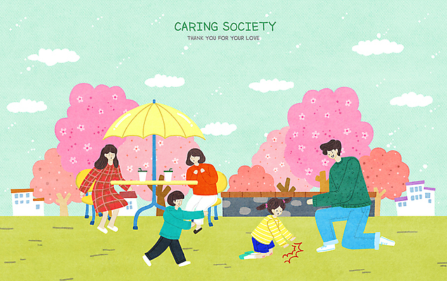 전신 PSD 공원 여자 남자 커피 어린이 의자 일러스트 탁자 소녀 소년 여러명 성인 놀람 파라솔 벚나무 무릎꿇기 넘어짐 돌봄 국내일러스트 나무 공공시설 감정 음료 가구 다수 모션 표정 사람 벚꽃 파일형식