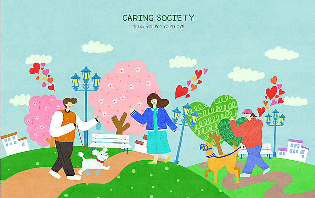 전신 PSD 공원 여자 남자 벤치 일러스트 성인 건물 세명 걷기 산책 인사 벚나무 강아지 목줄 돌봄 입마개 성인만 펫티켓 국내일러스트 나무 건축물 공공시설 의자 모션 휴식 사람 반려동물 벚꽃 예절 개 파일형식 반려용품