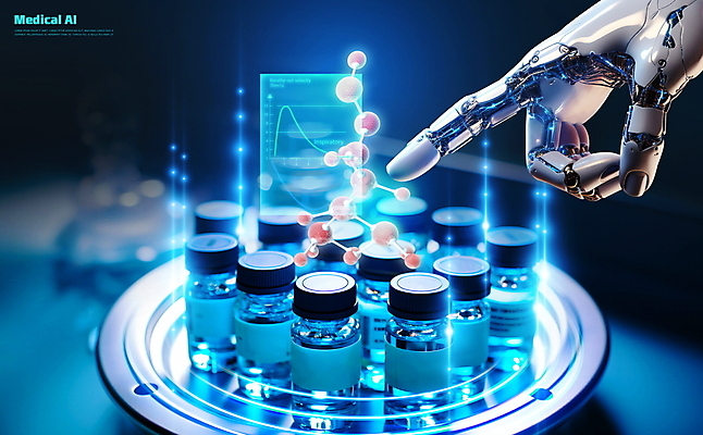 PSD 편집이미지 손 유리병 사람없음 파란색 의료용품 제조 약병 DNA 조제 로봇팔 홀로그램 의료로봇 AI_인공지능 이미지편집 컬러 의학 의료기기 병_용기 신체부위 약 생명공학 로봇 만들기 병_담는 파일형식