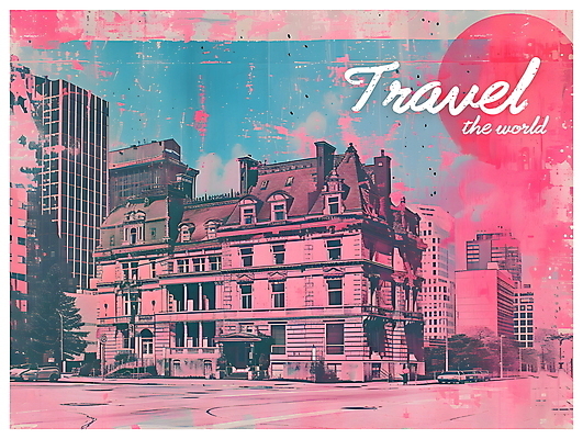 PSD 포스터 분홍색 여행 일러스트 사람없음 건물 도시 빈티지 디지털합성 팝아트 키치 국내일러스트 건축물 컬러 컨셉 그림 파일형식