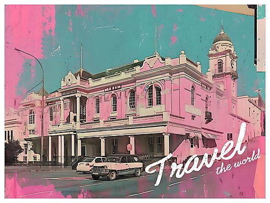 PSD 포스터 분홍색 여행 일러스트 자동차 사람없음 건물 빈티지 디지털합성 팝아트 시청 키치 국내일러스트 건축물 육상교통 컬러 컨셉 그림 관공서 파일형식