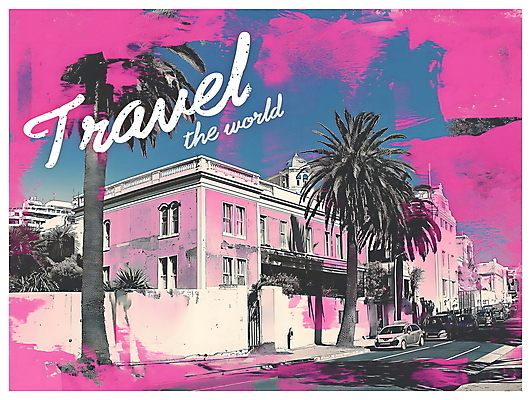 PSD 포스터 분홍색 여행 일러스트 열대 사람없음 건물 야자수 빈티지 디지털합성 팝아트 키치 국내일러스트 나무 건축물 컬러 컨셉 그림 파일형식