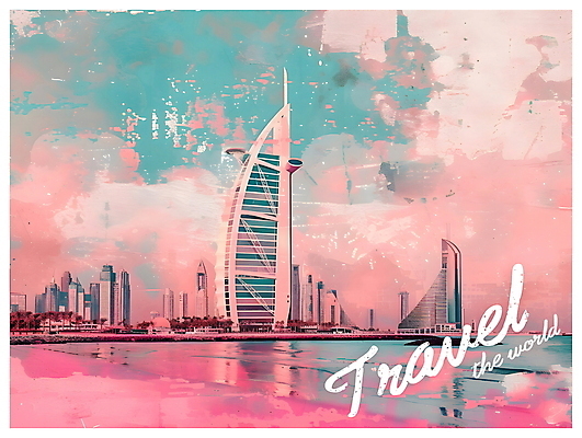 PSD 포스터 분홍색 여행 일러스트 사람없음 건물 빈티지 고급 디지털합성 팝아트 스카이라인 두바이 랜드마크 키치 국내일러스트 건축물 컬러 컨셉 그림 아랍에미리트 파일형식
