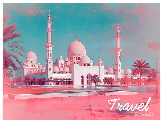 PSD 포스터 분홍색 여행 일러스트 사람없음 빈티지 디지털합성 팝아트 아부다비 키치 국내일러스트 컬러 컨셉 그림 아랍에미리트 파일형식