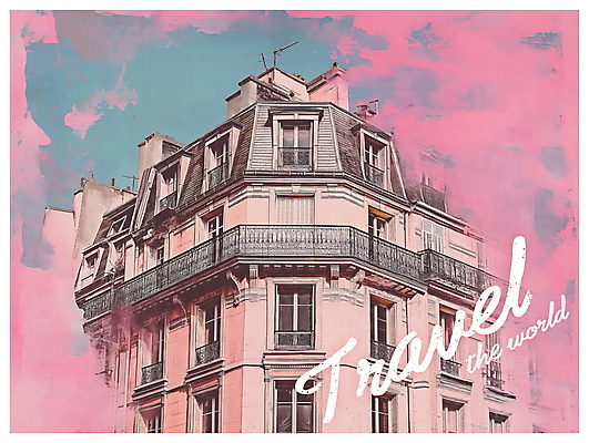 PSD 포스터 분홍색 여행 일러스트 사람없음 건물 발코니 도시 빈티지 모퉁이 디지털합성 팝아트 파리_프랑스 프랑스어 키치 국내일러스트 문자 건축물 컬러 컨셉 프랑스 그림 파일형식
