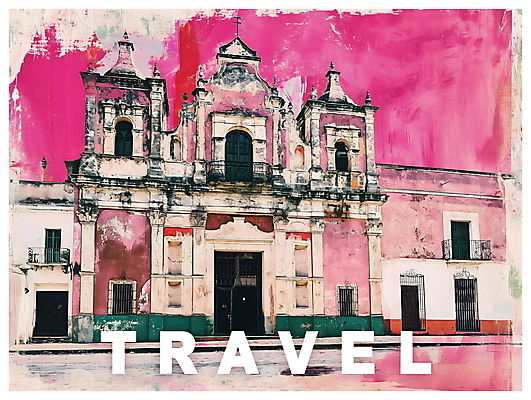 PSD 포스터 종교 분홍색 여행 일러스트 사람없음 건물 교회 빈티지 디지털합성 팝아트 키치 국내일러스트 건축물 컬러 컨셉 종교건축 그림 파일형식