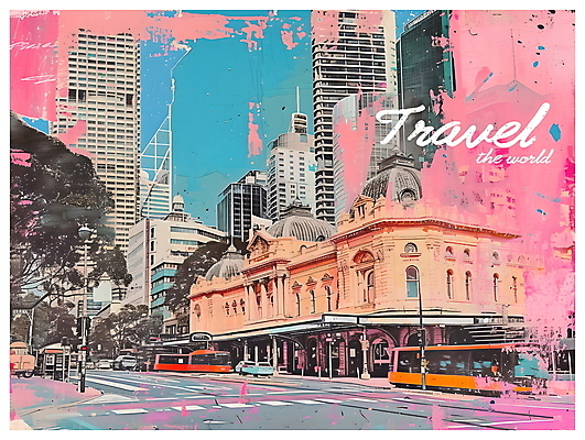 PSD 포스터 분홍색 여행 일러스트 사람없음 건물 도시풍경 도시 빈티지 디지털합성 팝아트 시드니 트램 키치 국내일러스트 건축물 교통수단 컬러 컨셉 풍경 호주 그림 파일형식