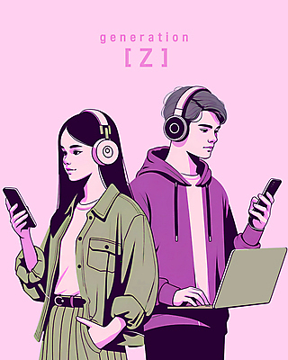 PSD 여자 남자 일러스트 모바일 기술 들기 상반신 청년 성인 두명 노트북 스마트폰 디지털 헤드셋 주머니손 멀티태스크 청년만 성인만 Z세대 MZ세대 국내일러스트 음향기기 모션 사람 전자제품 핸드폰 스마트기기 헤드폰 세대 파일형식