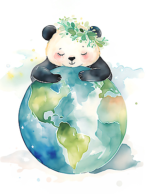 JPG 한마리 지구 일러스트 포옹 수채화 사람없음 자연보호 환경 눈감음 잠 보호 판다 디지털합성 에코 편집소스 국내일러스트 AI일러스트 AI콘텐츠 1 컨셉 곰 안기 모션 자연 파일형식