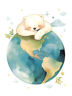 JPG 한마리 지구 일러스트 휴식 수채화 사람없음 자연보호 환경 눈감음 잠 보호 디지털합성 에코 북극곰 편집소스 국내일러스트 AI일러스트 AI콘텐츠 1 컨셉 곰 모션 자연 파일형식