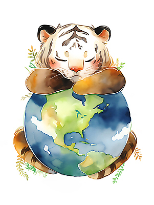 JPG 한마리 지구 일러스트 수채화 사람없음 자연보호 환경 눈감음 잠 호랑이 보호 디지털합성 에코 포용 편집소스 국내일러스트 AI일러스트 AI콘텐츠 1 컨셉 포유류 모션 자연 파일형식