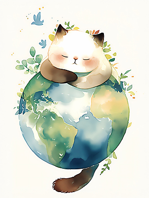JPG 한마리 지구 일러스트 수채화 사람없음 자연보호 환경 눈감음 고양이 잠 수면 보호 디지털합성 에코 편집소스 국내일러스트 AI일러스트 AI콘텐츠 1 컨셉 포유류 모션 자연 물 반려동물 파일형식