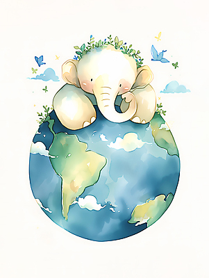 JPG 한마리 지구 일러스트 코끼리 수채화 사람없음 자연보호 환경 눈감음 잠 보호 디지털합성 에코 보유 편집소스 국내일러스트 AI일러스트 AI콘텐츠 1 컨셉 포유류 모션 자연 파일형식