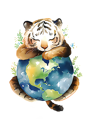 JPG 한마리 지구 일러스트 수채화 사람없음 자연보호 환경 눈감음 잠 호랑이 보호 디지털합성 에코 편집소스 국내일러스트 AI일러스트 AI콘텐츠 1 컨셉 포유류 모션 자연 파일형식