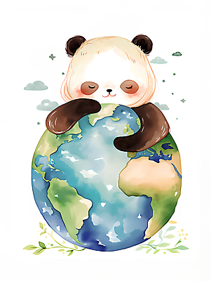 JPG 한마리 지구 일러스트 수채화 사람없음 자연보호 환경 눈감음 잠 보호 판다 디지털합성 에코 포용 편집소스 국내일러스트 AI일러스트 AI콘텐츠 1 컨셉 곰 모션 자연 파일형식