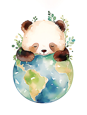 JPG 한마리 지구 일러스트 수채화 사람없음 평화 자연보호 환경 눈감음 잠 수면 보호 판다 디지털합성 에코 편집소스 국내일러스트 AI일러스트 AI콘텐츠 1 컨셉 곰 모션 자연 물 파일형식