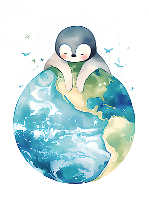 JPG 한마리 지구 야생동물 일러스트 수채화 사람없음 자연보호 환경 눈감음 잠 보호 디지털합성 에코 펭귄 편집소스 국내일러스트 AI일러스트 AI콘텐츠 동물 1 컨셉 모션 자연 조류 파일형식