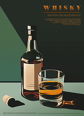 포스터 술잔 일러스트 술병 그림자 사람없음 초록색 빈티지 클래식 양주 코르크 위스키 국내일러스트 AI파일 컬러 컨셉 병_용기 잔 주류 파일형식 벡터