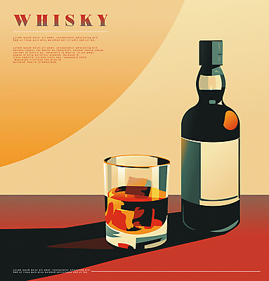 포스터 술잔 일러스트 술병 사람없음 얼음 주황색 빈티지 클래식 양주 위스키 국내일러스트 AI파일 자연요소 컬러 컨셉 병_용기 잔 주류 파일형식 벡터