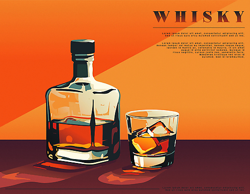 포스터 술잔 일러스트 술병 사람없음 얼음 주황색 빈티지 클래식 양주 위스키 국내일러스트 AI파일 자연요소 컬러 컨셉 병_용기 잔 주류 파일형식 벡터