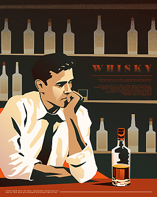 남자 포스터 일러스트 술병 한명 상반신 성인 눈감음 턱괴기 빈티지 바 술집 클래식 고민 양주 위스키 성인남자한명만 국내일러스트 AI파일 1 감정 컨셉 모션 병_용기 주류 사람 남자한명만 성인남자만 파일형식 벡터