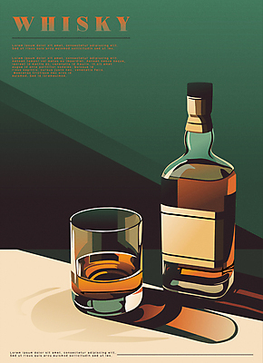 포스터 술잔 일러스트 술병 사람없음 초록색 빈티지 클래식 양주 위스키 국내일러스트 AI파일 컬러 컨셉 병_용기 잔 주류 파일형식 벡터