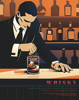 남자 포스터 술잔 일러스트 술병 한명 상반신 성인 얼음 주황색 빈티지 바 술집 클래식 바텐더 양주 섞기 위스키 성인남자한명만 국내일러스트 AI파일 자연요소 1 컬러 컨셉 병_용기 잔 주류 사람 남자한명만 성인남자만 파일형식 벡터
