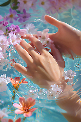 JPG 편집이미지 손 꽃 손짓 신체부위 빛 반사 봄 물방울 수면 디지털합성 잔물결 편집실사 AI인물포토 AI콘텐츠 식물 계절 물결 모션 사람 물 CG 파일형식 AI포토