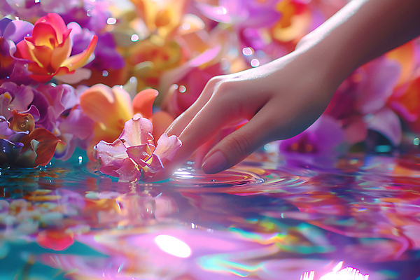 JPG 편집이미지 손 꽃 손짓 신체부위 빛 반사 봄 수면 디지털합성 잔물결 편집실사 AI인물포토 AI콘텐츠 식물 계절 물결 모션 사람 물 CG 파일형식 AI포토