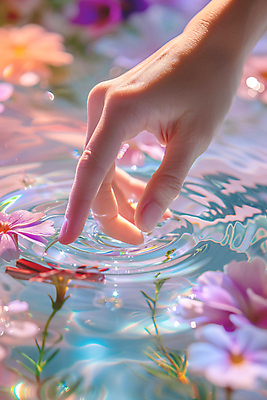 JPG 편집이미지 손 꽃 손짓 신체부위 빛 반사 봄 수면 디지털합성 잔물결 편집실사 AI인물포토 AI콘텐츠 식물 계절 물결 모션 사람 물 CG 파일형식 AI포토