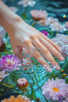 JPG 편집이미지 손 꽃 손짓 신체부위 빛 반사 봄 수면 디지털합성 잔물결 편집실사 AI인물포토 AI콘텐츠 식물 계절 물결 모션 사람 물 CG 파일형식 AI포토