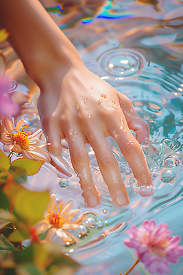 JPG 편집이미지 손 꽃 손짓 신체부위 빛 반사 봄 물방울 수면 디지털합성 잔물결 편집실사 AI인물포토 AI콘텐츠 식물 계절 물결 모션 사람 물 CG 파일형식 AI포토