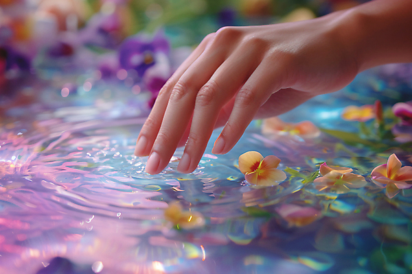 JPG 편집이미지 손 꽃 손짓 신체부위 빛 반사 봄 수면 디지털합성 잔물결 편집실사 AI인물포토 AI콘텐츠 식물 계절 물결 모션 사람 물 CG 파일형식 AI포토