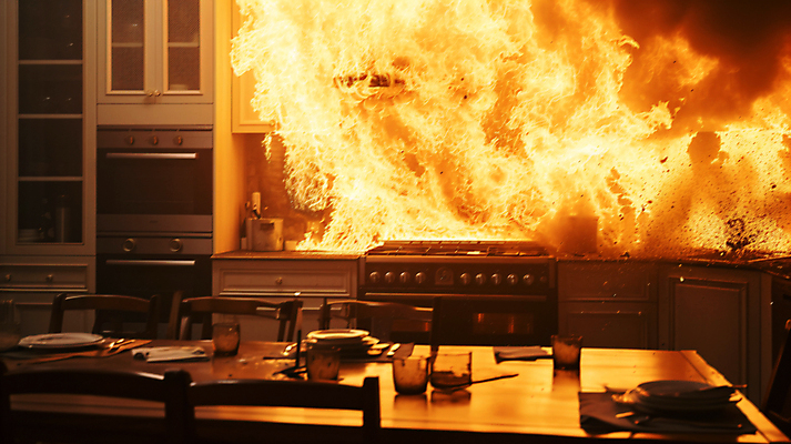 JPG 편집이미지 식탁 불 불꽃 아파트 사람없음 주방 긴급 연기 가스레인지 디지털합성 화재 조심 식기도구 편집실사 AI포토 AI콘텐츠 자연요소 식기 탁자 주택 가전제품 레인지 사건 CG 파일형식