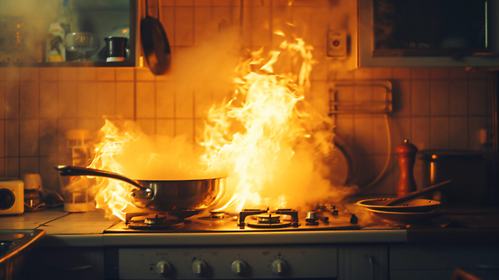 JPG 편집이미지 불 불꽃 아파트 사람없음 주방 긴급 프라이팬 연기 가스레인지 디지털합성 화재 조심 편집실사 AI포토 AI콘텐츠 자연요소 주방용품 주택 가전제품 레인지 사건 CG 파일형식