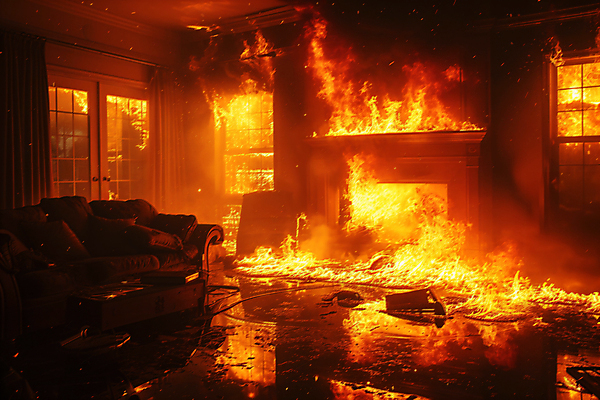 JPG 편집이미지 거실 창문 불 불꽃 아파트 사람없음 소파 긴급 연기 디지털합성 벽난로 화재 조심 편집실사 AI포토 AI콘텐츠 자연요소 의자 주택 사건 CG 파일형식