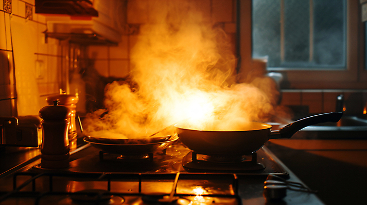 JPG 편집이미지 창문 불 불꽃 아파트 사람없음 주방 긴급 프라이팬 연기 가스레인지 냄비 디지털합성 화재 조심 편집실사 AI포토 AI콘텐츠 자연요소 주방용품 주택 가전제품 레인지 솥 사건 CG 파일형식