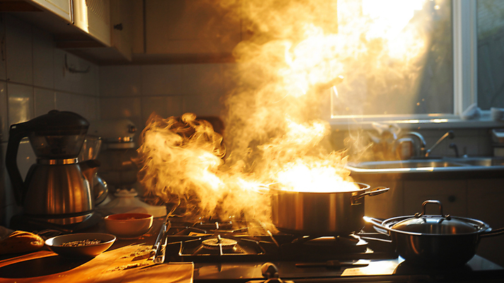 JPG 편집이미지 창문 불 불꽃 아파트 사람없음 주방 긴급 연기 가스레인지 냄비 디지털합성 싱크대 화재 조심 편집실사 AI포토 AI콘텐츠 자연요소 주택 가전제품 레인지 솥 사건 CG 개수대 파일형식