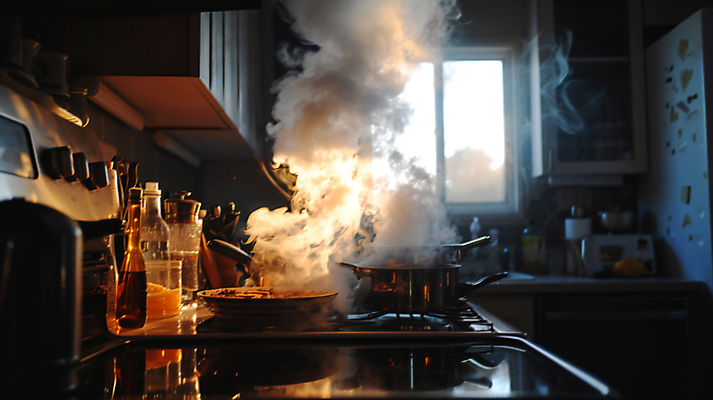 JPG 편집이미지 창문 불 불꽃 아파트 사람없음 주방 긴급 프라이팬 연기 가스레인지 냄비 디지털합성 화재 조심 편집실사 AI포토 AI콘텐츠 자연요소 주방용품 주택 가전제품 레인지 솥 사건 CG 파일형식