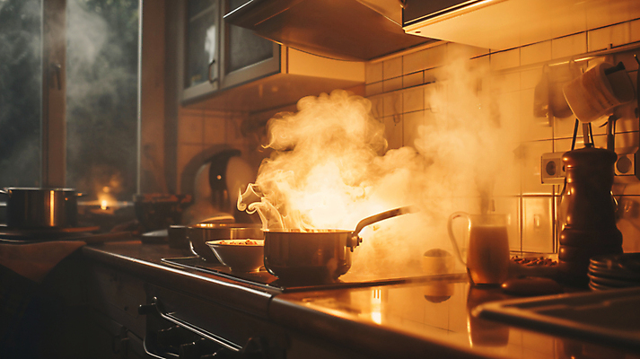 JPG 편집이미지 그릇 창문 불 불꽃 아파트 사람없음 주방 긴급 연기 냄비 찬장 디지털합성 화재 조심 편집실사 AI포토 AI콘텐츠 자연요소 식기 가구 주택 솥 사건 CG 파일형식