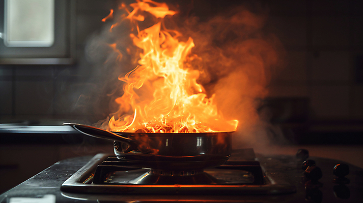 JPG 편집이미지 불 불꽃 아파트 사람없음 주방 긴급 프라이팬 연기 가스레인지 냄비 디지털합성 화재 조심 편집실사 AI포토 AI콘텐츠 자연요소 주방용품 주택 가전제품 레인지 솥 사건 CG 파일형식
