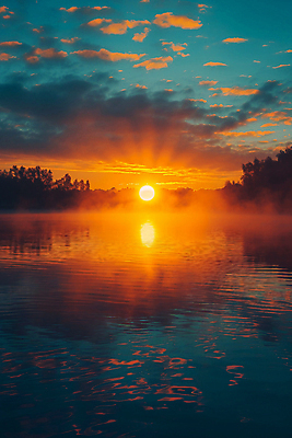 JPG 구름 편집이미지 자연 하늘 아침 풍경 사람없음 태양 반사 일출 새벽 안개 수면 강가 디지털합성 시작 풀숲 편집실사 AI포토 AI콘텐츠 주간 자연요소 날씨 물 강 노을 숲 CG 생태계 파일형식