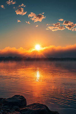JPG 구름 편집이미지 자연 하늘 아침 풍경 사람없음 태양 반사 일출 새벽 안개 바위 수면 강가 디지털합성 시작 편집실사 AI포토 AI콘텐츠 주간 자연요소 날씨 물 강 노을 돌_바위 CG 생태계 파일형식