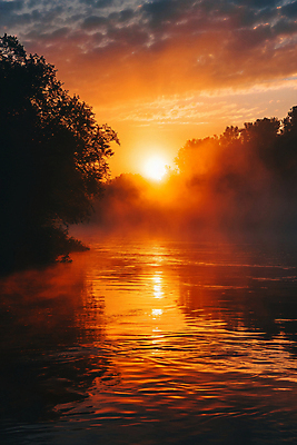 JPG 나무 구름 편집이미지 자연 하늘 아침 풍경 사람없음 태양 반사 일출 새벽 안개 수면 강가 디지털합성 시작 편집실사 AI포토 AI콘텐츠 주간 자연요소 식물 날씨 물 강 노을 CG 생태계 파일형식