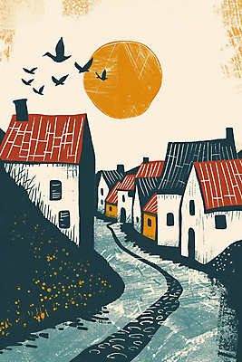 JPG 일러스트 유럽풍경 조류 거리 주택 사람없음 건물 태양 마을 거친 언덕 질감 국내일러스트 AI일러스트 AI콘텐츠 자연요소 동물 건축물 유럽 풍경 파일형식