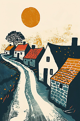 JPG 나무 일러스트 유럽풍경 거리 주택 사람없음 건물 태양 마을 거친 질감 국내일러스트 AI일러스트 AI콘텐츠 자연요소 식물 건축물 유럽 풍경 파일형식