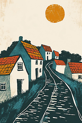 JPG 일러스트 유럽풍경 거리 주택 잔디 사람없음 건물 태양 마을 거친 질감 국내일러스트 AI일러스트 AI콘텐츠 자연요소 식물 건축물 유럽 풍경 파일형식