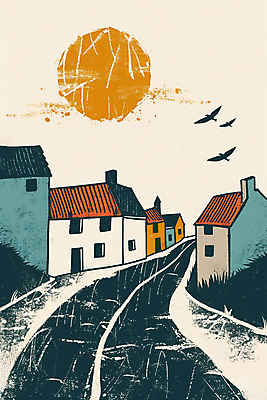 JPG 일러스트 유럽풍경 조류 거리 주택 잔디 사람없음 건물 태양 마을 거친 질감 국내일러스트 AI일러스트 AI콘텐츠 자연요소 식물 동물 건축물 유럽 풍경 파일형식